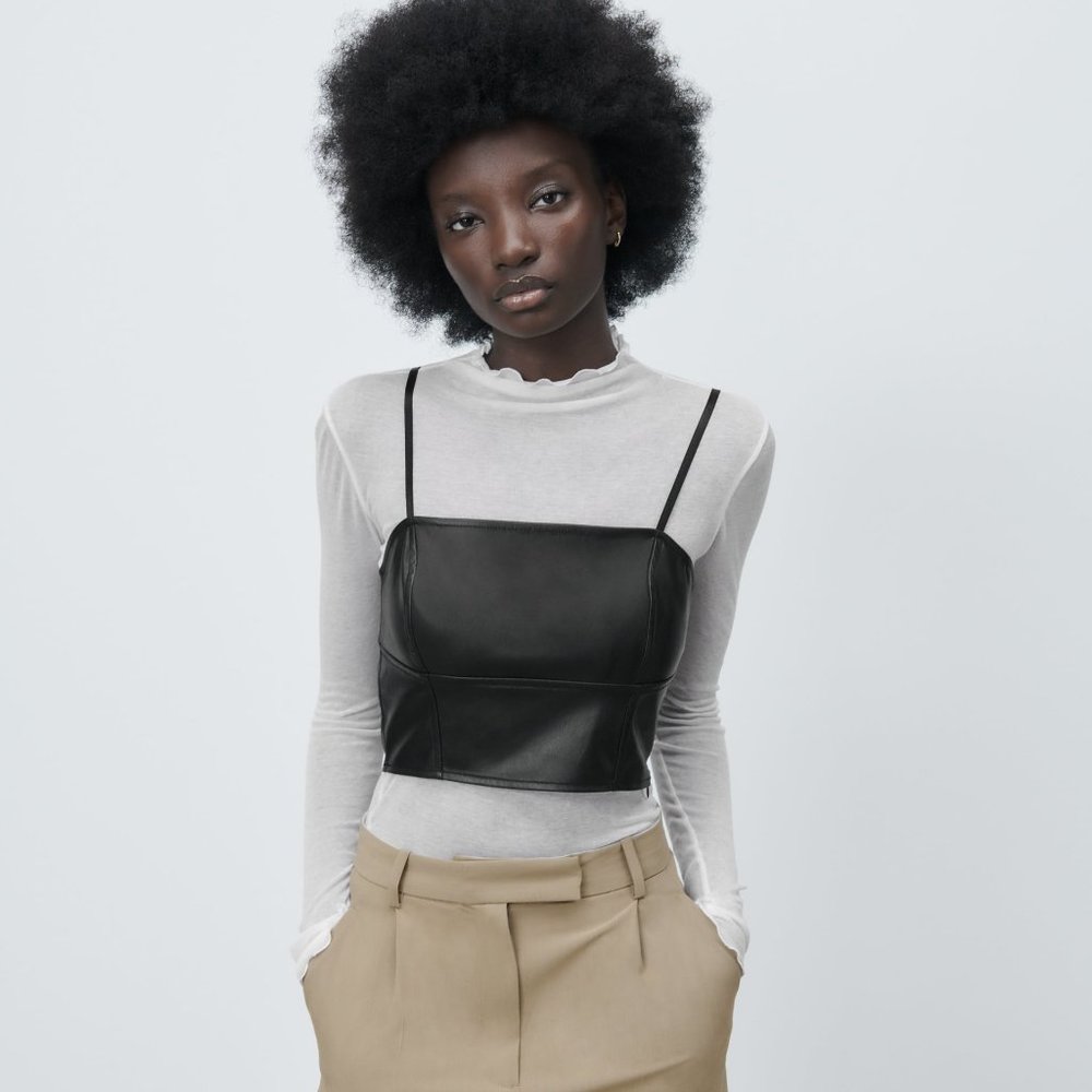 Zara Black Faux Leather Cropped Top NWT